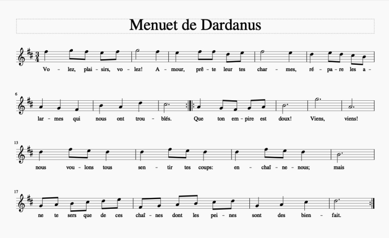 Figure 2 - Le Menuet de Dardanus de Jean-Philippe Rameau transcrit en notation sur portée (notre transcription)